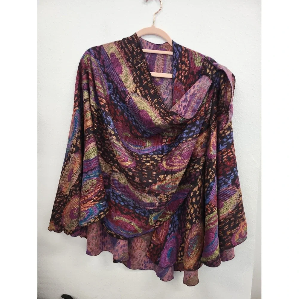 Rapti 100% Cashmere OS Open Front Shawl Wrap Multicolor Artsy Boho Abstract